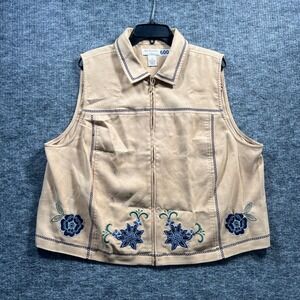 Bechamel Tan Faux Suede Embroidered Floral Full Zip Vest Womens 1X Boho 6008